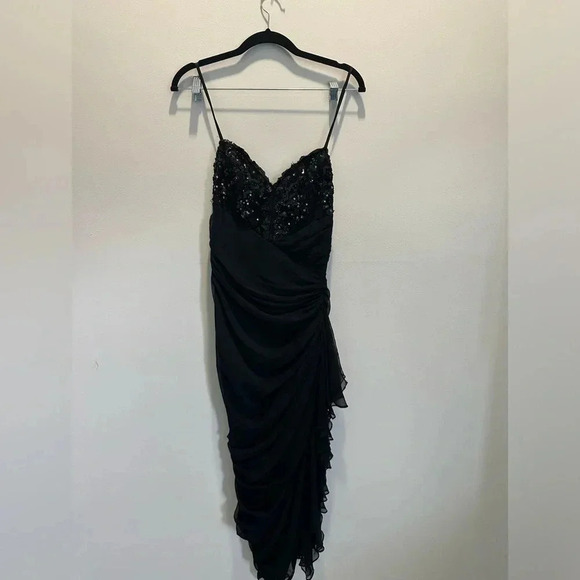 Vintage Cache Strapless Black Sequin Top, Ruched Mesh Prom Dress, Size 8 - Picture 1 of 6